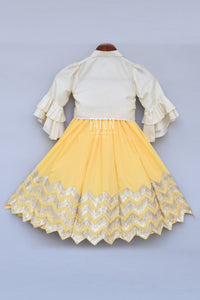 Girls Offwhite Knotted Top With Yellow Gota Lehenga