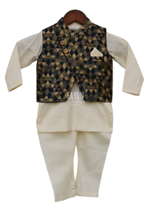 Boys Offwhite Kurta With Geometric Nehru Jacket & Churidaar