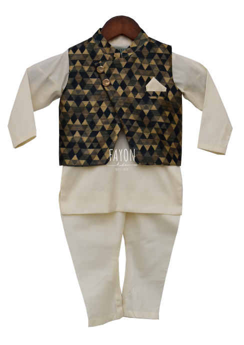 Boys Offwhite Kurta With Geometric Nehru Jacket & Churidaar