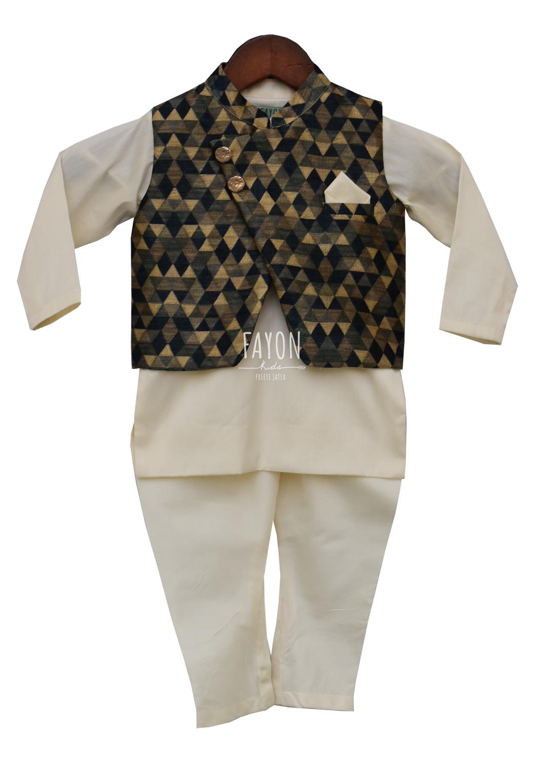 Boys Offwhite Kurta With Geometric Nehru Jacket & Churidaar