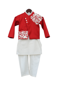 Boys Offwhite Kurta With Red Jacket & Churidar