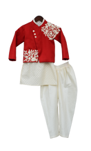 Load image into Gallery viewer, Boys Offwhite Kurta With Red Jacket &amp; Churidar