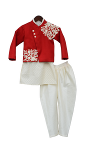 Boys Offwhite Kurta With Red Jacket & Churidar