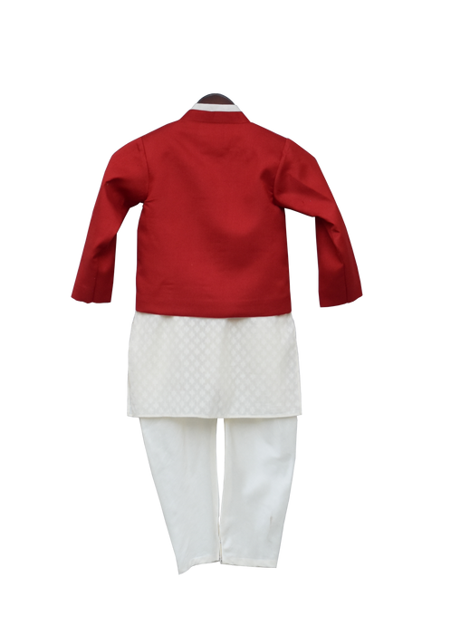 Boys Offwhite Kurta With Red Jacket & Churidar