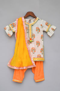 Girls Offwhite Printed Kurti With Orange Salwar