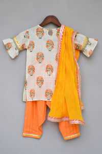 Girls Offwhite Printed Kurti With Orange Salwar