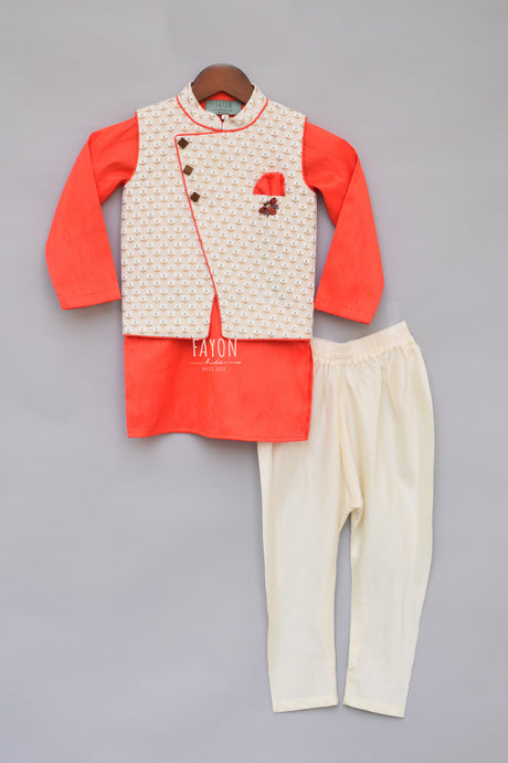 Boys Offwhite Printed Nehru Jacket With Kurta & Churidar