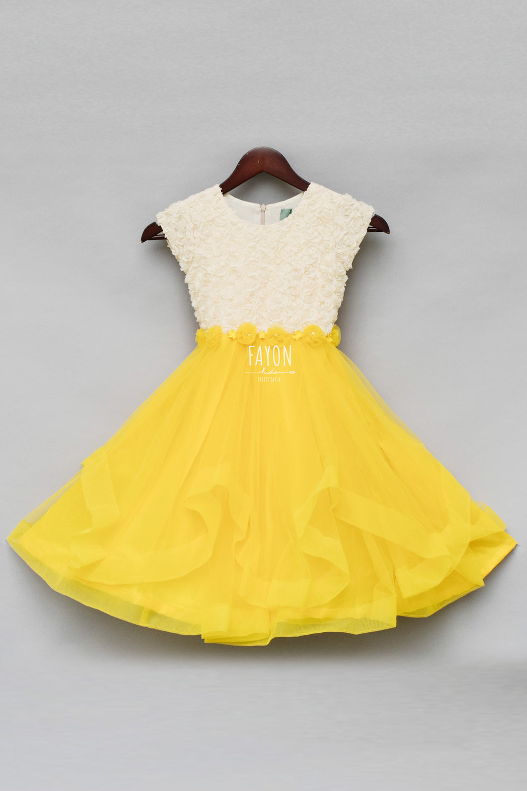Girls Offwhite and Yellow Rose Frock