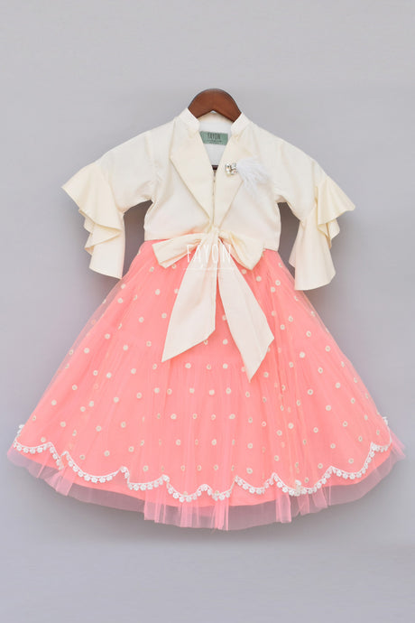 Girls Offwhite Top With Peach Embroidery Net Lehenga