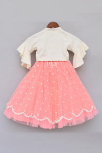 Girls Offwhite Top With Peach Embroidery Net Lehenga