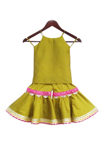 Girls Olive Green Sharara Set With Lacework