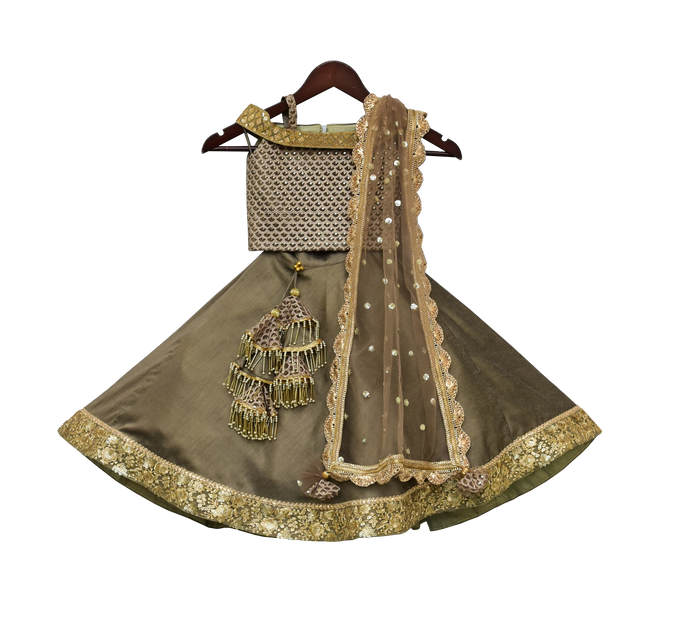 Girls Olive Green Embroidery Choli With Lehenga