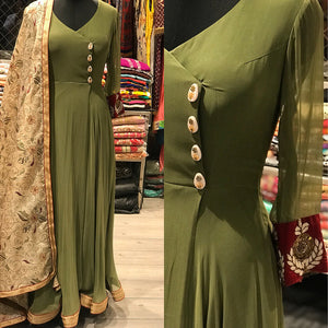 Olive Green Angrakha Anarkali With Silk Handwork Dupatta