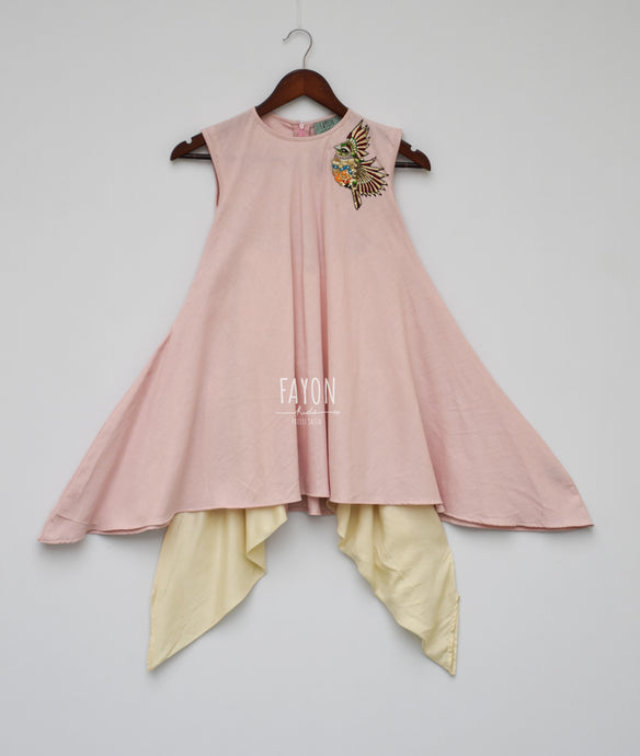 Girls Onion Pink Kurti With Patch On Shoulder & Dhoti