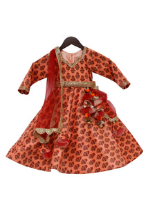 Girls Orange Velvet Printed Anarkali