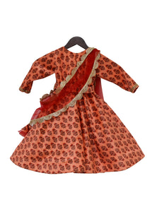 Girls Orange Velvet Printed Anarkali