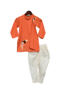 Boys Orange Hanuman Ji Printed Kurta With Churidar