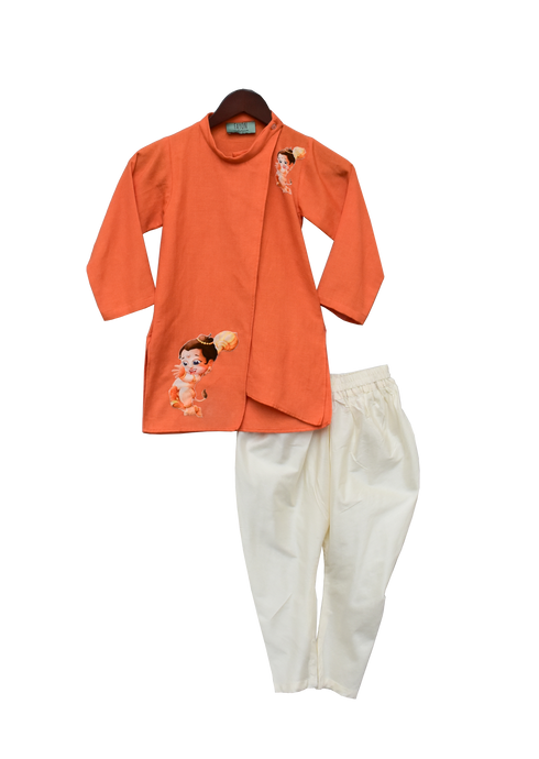 Boys Orange Hanuman Ji Printed Kurta With Churidar