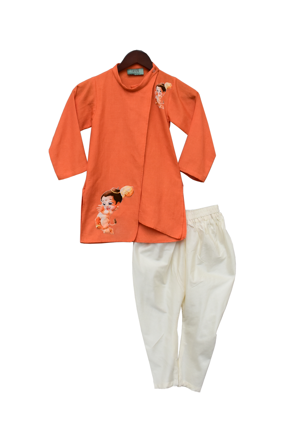 Boys Orange Hanuman Ji Printed Kurta With Churidar