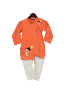 Boys Orange Hanuman Ji Printed Kurta With Churidar