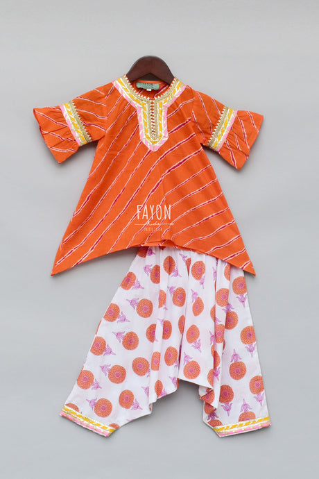 Girls Orange Lehariya Kurti With Dhoti