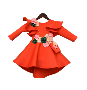 Girls Orange Lycra Dress With Multi Colour Flowers