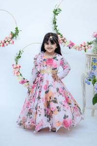 Girls Pastel Peach Floral Print Anarkali