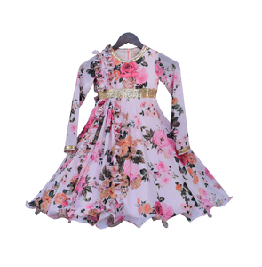 Girls Pastel Peach Floral Print Anarkali