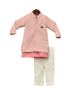 Boys Pastel Pink Embroidery Jacket With Kurta And Pant -1