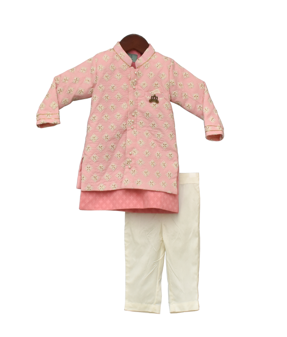 Boys Pastel Pink Embroidery Jacket With Kurta And Pant -1
