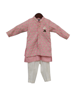 Boys Pastel Pink Embroidery Jacket With Kurta And Pant-2