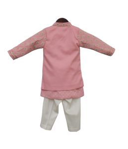 Boys Pastel Pink Embroidery Jacket With Kurta And Pant-3