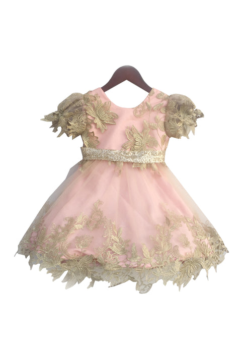 Girls Pastel Pink Frock With Floral Patterened Golden Net