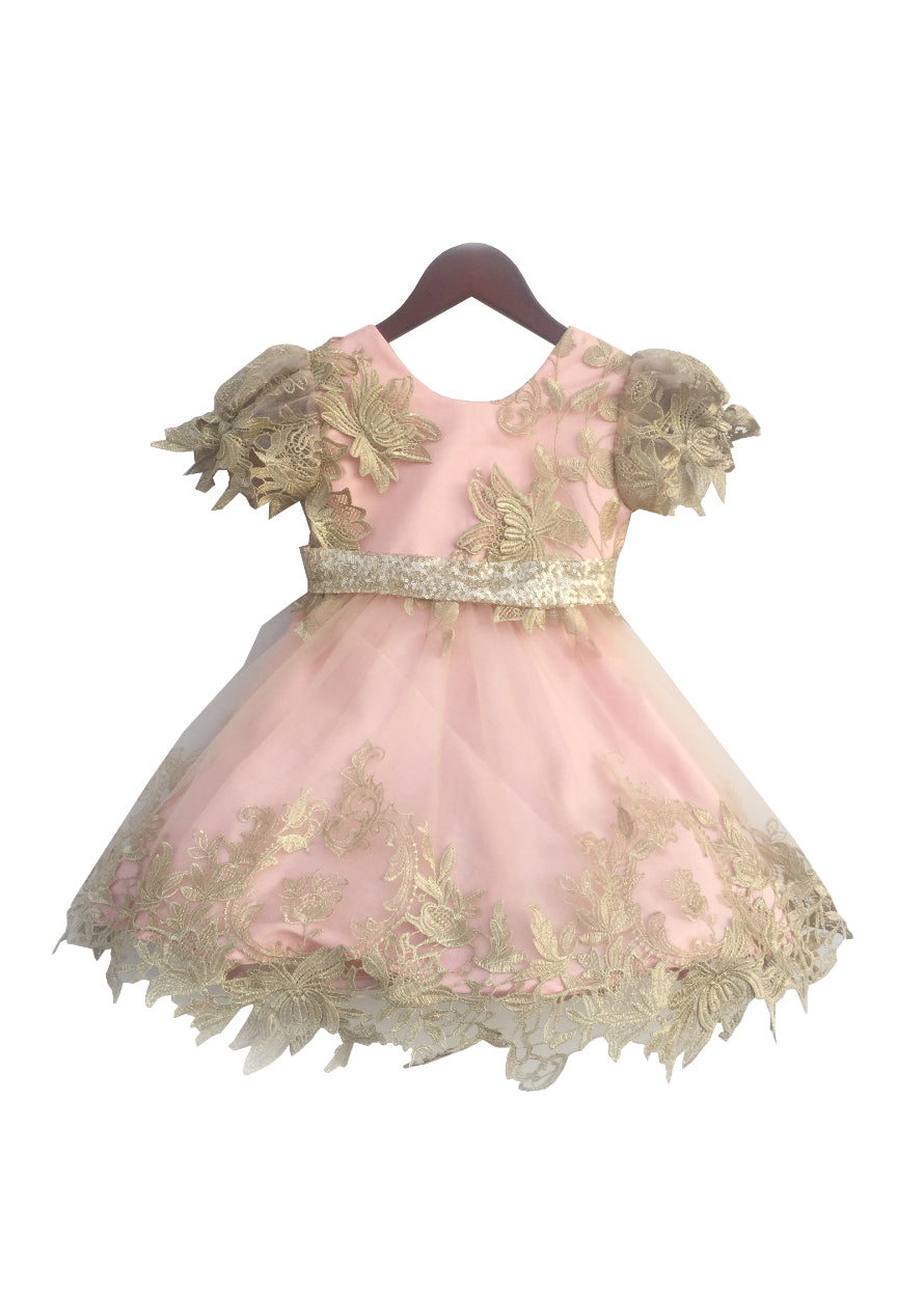 Girls Pastel Pink Frock With Floral Patterened Golden Net