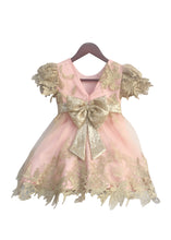 Load image into Gallery viewer, Girls Pastel Pink Frock With Floral Patterened Golden Net