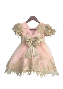 Girls Pastel Pink Frock With Floral Patterened Golden Net