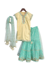 Girls Pastel Yellow And Aqua Blue Sharara With Sequin Net Dupatta