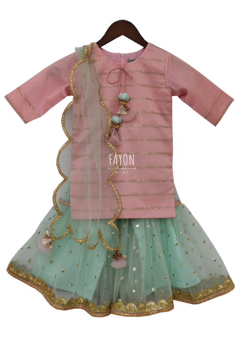 Girls Pastel Pink Blue Kurti Sharara