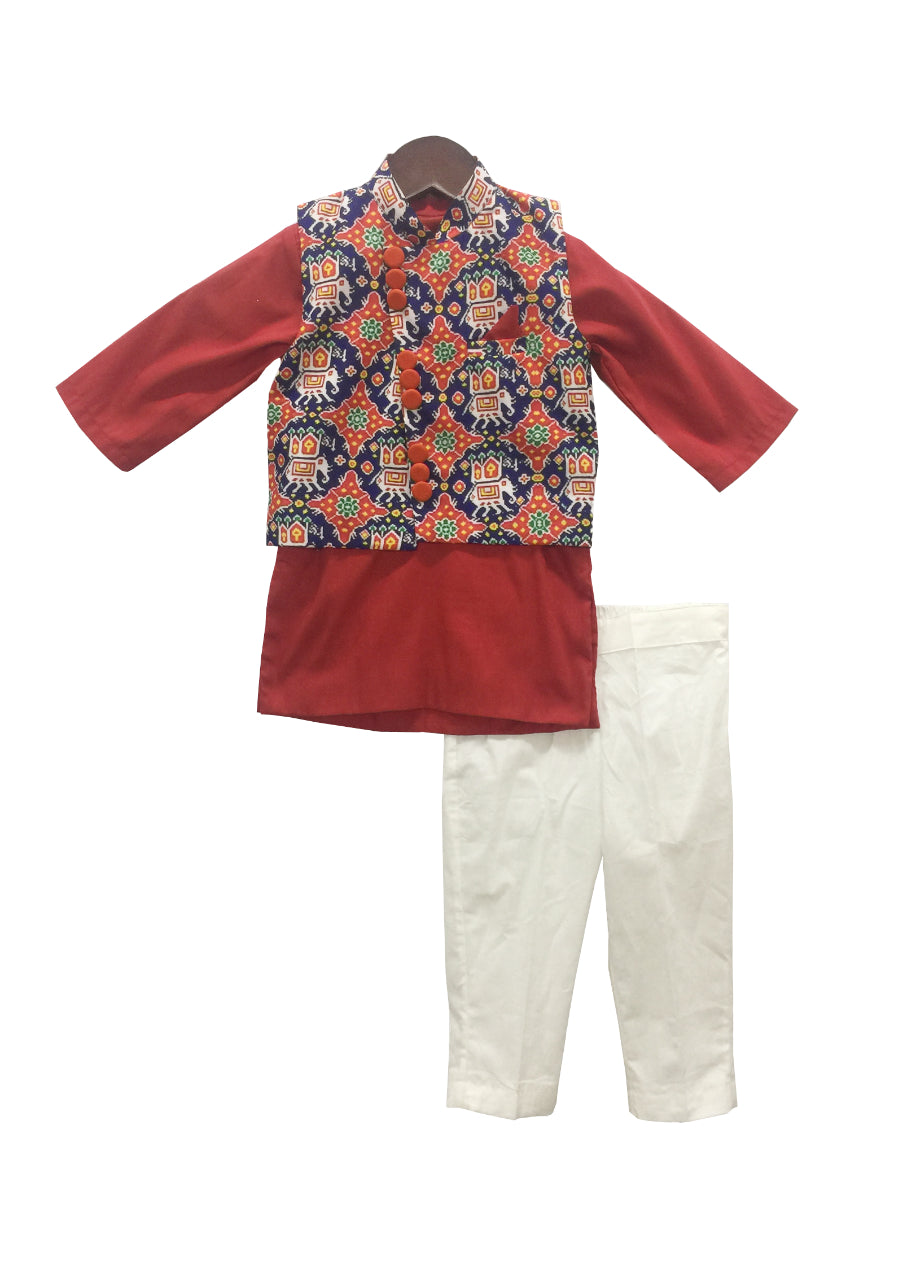 BOYS Patola Print Jacket With Red Kurta And Pant