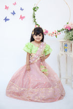 Load image into Gallery viewer, Girls Peach Chanderi Lehenga With Green Choli And Pink Dupatta