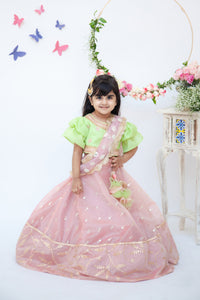 Girls Peach Chanderi Lehenga With Green Choli And Pink Dupatta