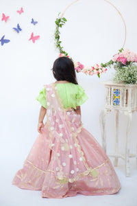 Girls Peach Chanderi Lehenga With Green Choli And Pink Dupatta