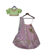 Load image into Gallery viewer, Girls Peach Chanderi Lehenga With Green Choli And Pink Dupatta