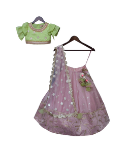 Girls Peach Chanderi Lehenga With Green Choli And Pink Dupatta