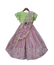 Load image into Gallery viewer, Girls Peach Chanderi Lehenga With Green Choli And Pink Dupatta