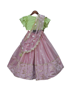 Girls Peach Chanderi Lehenga With Green Choli And Pink Dupatta