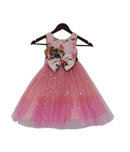 Load image into Gallery viewer, Girls Peach Floral Yoke With Shimmer Net Flair Gown