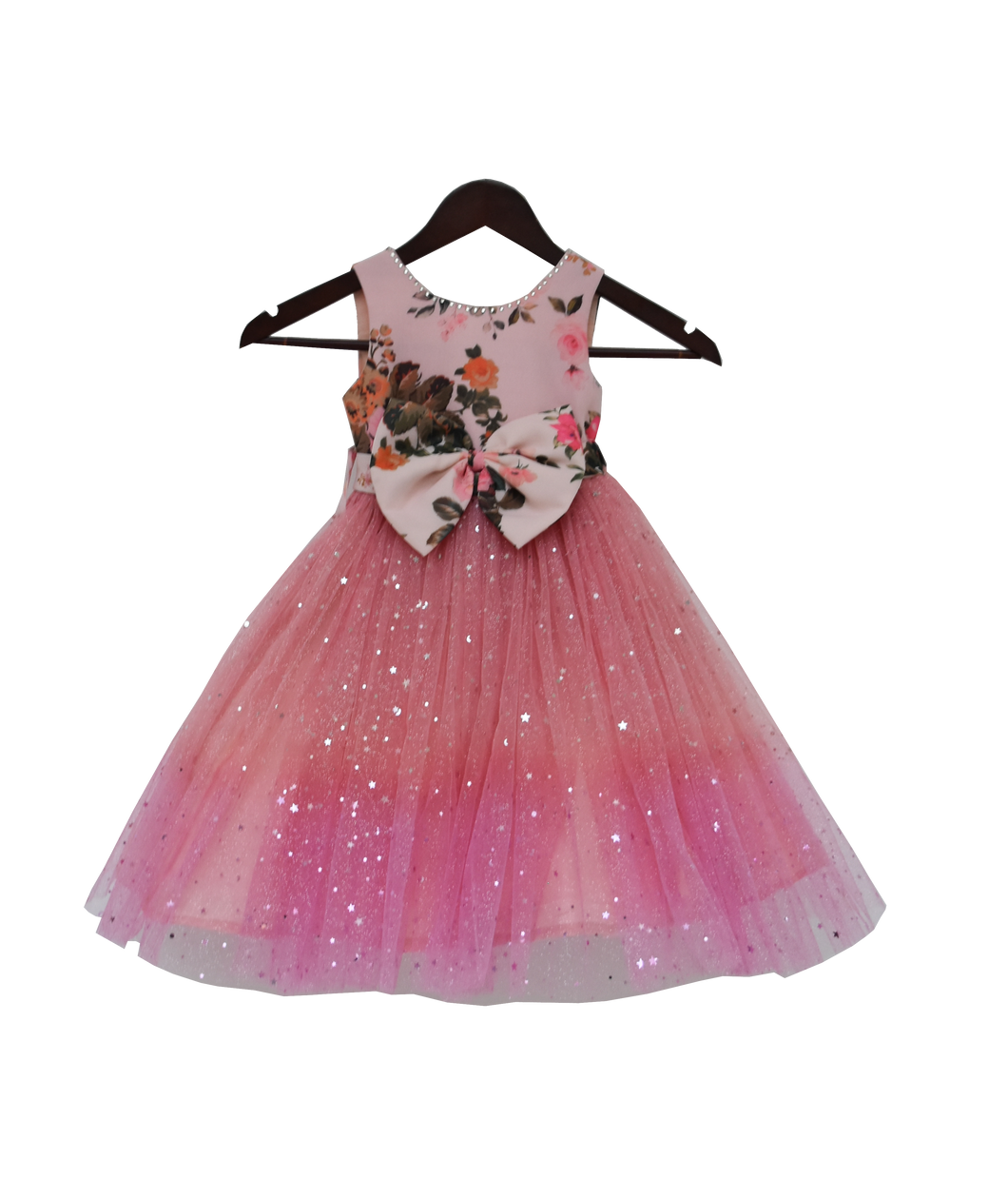 Girls Peach Floral Yoke With Shimmer Net Flair Gown