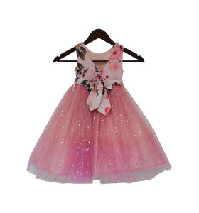 Girls Peach Floral Yoke With Shimmer Net Flair Gown