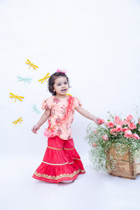 Girls Peach Print With Coral Sharara Set